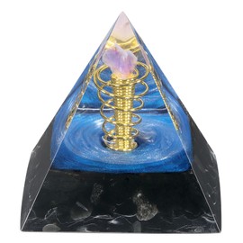 KYEYGWO Obsidian Healing Crystal Pyramid Stone with Mini Amethyst Druse and Reiki Copper Coil, Positive Energy Pyramid Chakra Crystal Pyramid Healing Stone Feng Shui Ornament Home Decoration