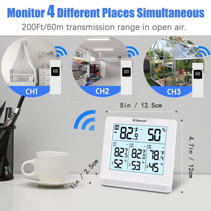 Geevon Indoor Outdoor Thermometer Wireless with 3 Remote Sensors, Digital