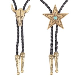 FveVqe 2 Styles Bolo Tie, Cowboy Necklace, Western Leather Cowboy Neck Tie with Horse and Bull Skull, Adjustable Braided Cord for Unisex, Vintage Cowgirl Necklace Rodeo Wedding Gift (Bronze)