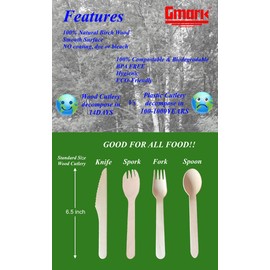 Gmark Eco-friendly Wooden Sporks 100 ct, Disposable Spoon Fork 2-in-1 Cutlery, 6.25" Birchwood Green Natural Product GM1033A
