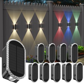 Herzila 10 Pack Solar Fence Lights-RGBW Solar Powered Fence Wall Lights IP65 Waterproof 8-Color Changing Dual Lens Up/Down Lighting Wall Lights for Outdoor/Patio/Porch