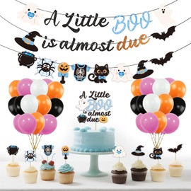 Decoración de Halloween para baby shower para niño, con diseño de bate fantasma, bonito murciélago fantasma y calabaza, suministros para fiesta de baby shower de Little Boo (azul)