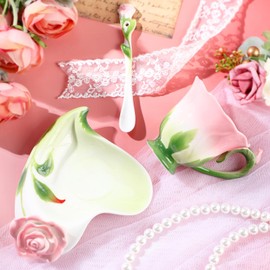 Dandat Ceramic Rose Tea Cups and Saucers with Spoon Flower Shaped Tea Cup and Sauce Set Cute Tea Cups Flower Mug Mother's Day Valentine's Day Birthday Mug Gifts for Home Office Kitchen, 6 oz (Pink)