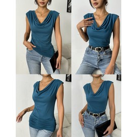 Zeagoo Womens Ruched Cowl Neck Tank Top Shirt Stretch Blouse with Side Shirring, Dark Cyan, Medium, Sleeveless