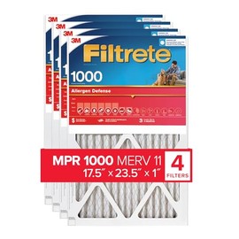 Filtrete 17.5x23.5x1 AC Furnace Air Filter, MERV 11, MPR 1000, Micro Allergen Defense, 3-Month Pleated 1-Inch Electrostatic Air Cleaning Filter, 4 Pack (Actual Size Pack 17.19x23.19x0.81 in)