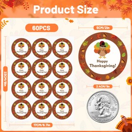 Thanksgiving Stickers Happy Thanksgiving Stickers 2 Inch Fall Thank You Stickers 60PCS Turkey Design Stickers for Envelope Seals, Cards, Thanksgiving Party Favor Supplies (Turkey)