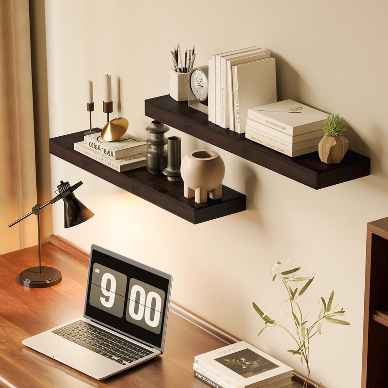 BAMEOS Solid Bamboo Floating Shelves, Set of 2 with Invisible