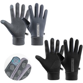 ADERTOS 2 Pairs Thermal Gloves Winter Running Gloves Waterproof Warm Liner Gloves Anti-slip Touchscreen Gloves Unisex Slim Sports Gloves for Men Women Cycling Walking Riding Driving, Black & Gray