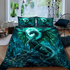 Ruiqieor Bed Linen 135 x 200 cm, Green Dragon Motif Bed Linen Set, 3-Piece, 1 Duvet Cover + 2 Pillowcases 80 x 80 cm, 3D Animal Printed Boy Girl Bed Linen (#3)