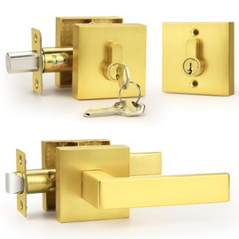 Probrico Satin Gold Exterior Door Locksets Square, Heavy Duty Front Door Passage Handle and Double Cylinder Deadbolt Set Keyed Alike, Brushed Brass, 1 Pack