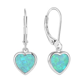 Vesitim Solitaire Created White/Blue/Pink/Green Opal Dangle Drop Earrings 925 Silver Bezel Heart Shaped Birstone Opal Jewelry for Women Gift, Sterling Silver, Created Opal