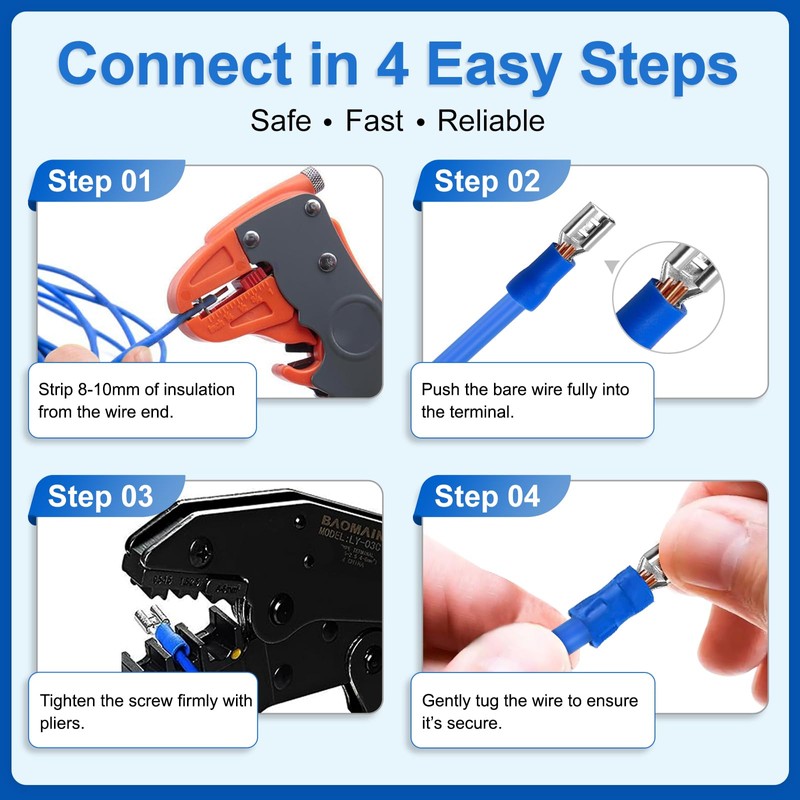 Baomain Insulated Fork Spade Wire Connector Electrical Crimp Terminal 14-16AWG(1.5-2.5