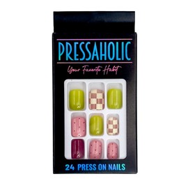 Pressaholic Press On Nails- 24 Press On Nails Style: (Strawberry Chess) bright green, pink, maroon and checkered short nails. Pink polka dot
