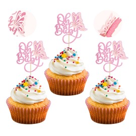 Paquete de 24 decoraciones para cupcakes con diseño de mariposa Oh Baby con purpurina para revelar género 3D Butterfly Oh Baby Cupcake Picks para baby shower niños fiesta de cumpleaños, suministros rosa