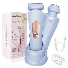 WillowGlow 2-in-1 Bikini Trimmer & Shaver for Women,Painless Hair Removal for Bikini, Legs, Body & Face, Rechargeable Electric Razor with Ceramic Blades, IPX7 Waterproof & USB Charging Dock（Blue）