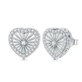 S925 Silver Heart Stud Earrings, 18K White Gold Plated Sterling Silver Diamond Cut Simulated Diamond Studs, for Her Women Ladies Mom Sister, Silver, Cubic Zirconia