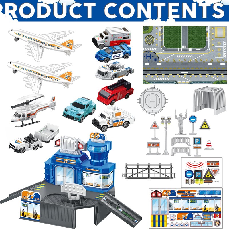 Airplane Toy Set - Airport Playset for Toddlers with Trucks,Planes,