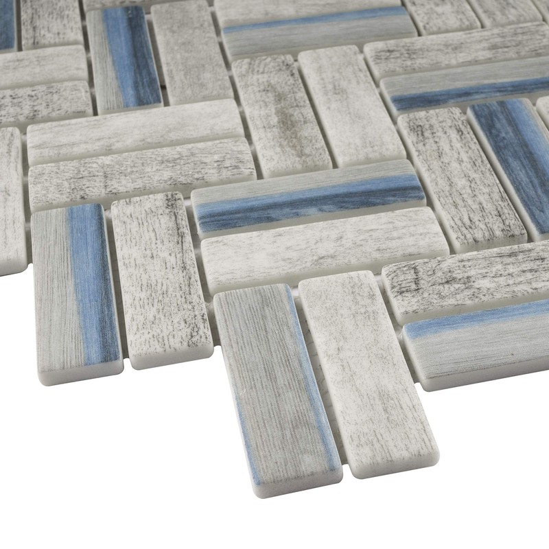TREGLG-09 Recycle Glass Wooden Look Blue Herringbone Mosaic Tile Backsplash