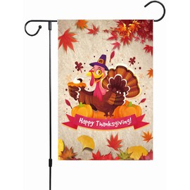 ZCHOMI Happy Thanksgiving Garden Flag 12x18 Inch Double Sided Burlap Fall Turkey Maple Leaves Harvest Thanksgiving Yard Flag for Seasonal Holiday Outside Patio Outdoor Thanksgiving Decor