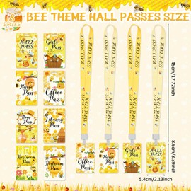 Ctosree Set of 8 Bee Theme Unbreakable PVC Hall Pass Lanyards and School Passes Set School Supplies Teacher Supplies for Classroom Elementary Middle School Restroom Library Office