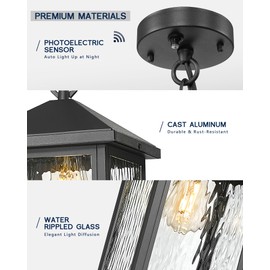 FEMILA Dusk to Dawn Outdoor Pendant Lights for Porch, 14.5" Mondern Pendant Hanging Light Fixture for Porch, Front Door, Kitchen Island, Adjustable Height, 4FYX101HL PC BK SW