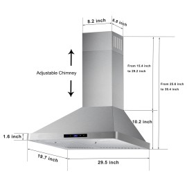 Tieasy 30 inch 760 CFM Wall Mount Range Hood Stainless Steel Stove Cook Vent LED Silver