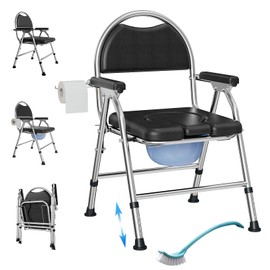 Folding Bedside Commode Chair for Elderly with Adjustable Height, Toilet Seat with Arms Handles and Back Support, Adults Potty Chair with Paper Roll Holder for Seniors, Disabled, and Pregnant (Black)