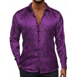 Hi-Tie Purple Silk Paisley Mardi Gras Dress Shirts for Mens Long Sleeve Button Down Regular Fit Shirts Formal Wedding Party Business