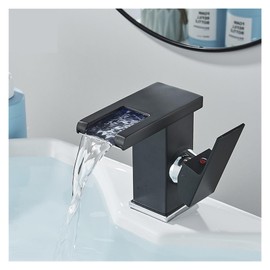 QQAMOGNNK Black LED Waterfall Basin Bathroom Faucet Deck Mounted Hot Cold Water Mixer Taps Three Color Change by Water Flow (Color : Black Gold A)