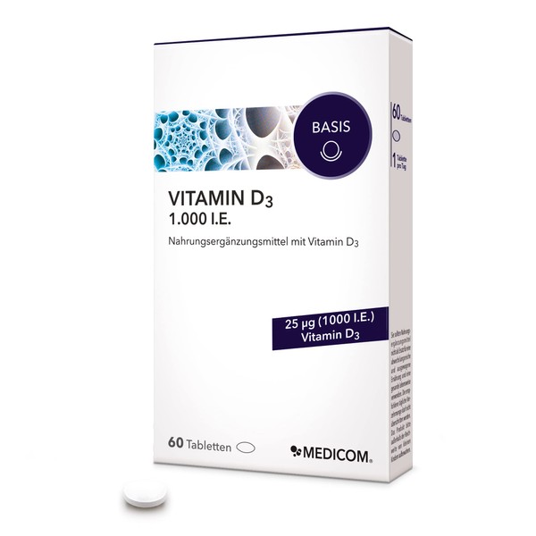 MEDICOM Vitamin D3 1,000 IU - Dietary Supplement with High Dose Vitamin D3 - for Immune System, Bones, Muscles and Teeth - 2-Month Supply - 1 x 60 Tablets