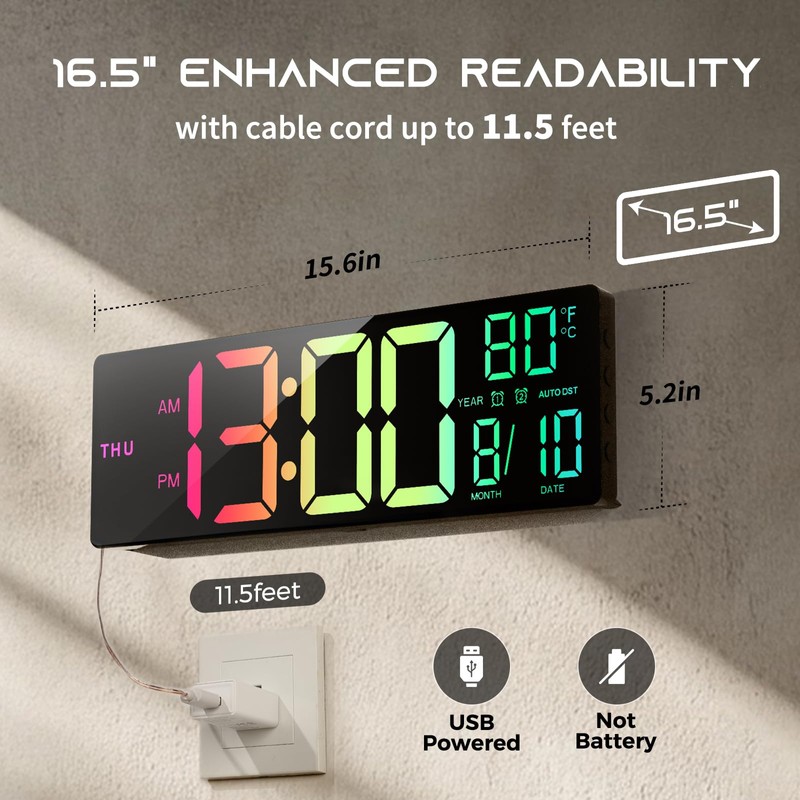 EASYERA 16.5" Large Digital Wall Clock with BT Sync, RGB
