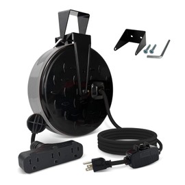 EP 30 Ft Retractable Extension Cord Reel, 16/3 SJTW Power Cord with 3 Electrical Outlets, Ceiling or Wall Mount, 10 Amp Circuit Breaker, Metal Plate, UL Listed, Gray