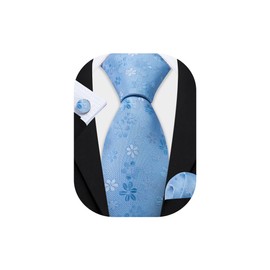Barry.Wang Baby Blue Tie for Men Floral Silk Necktie Pocket Square Cufflinks Formal Wedding Party Business