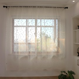 SLOW SOUL 2 Panels White Embroidered Leaves Sheer Curtain Faux Linen Semi Sheer Voile Window Curtains Drapes for Bedroom Living Room Rod Pocket 52W X 90L inch