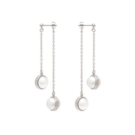 Karen Millen Logo Pearl Double Drop Earrings for Women (Silver/Pearl)