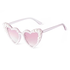 ADE WU Heart Sunglasses With Pearl Women Cute Purple Frame Heart Shaped Cateye Sun Glasses UV Protection (Purple Lens)