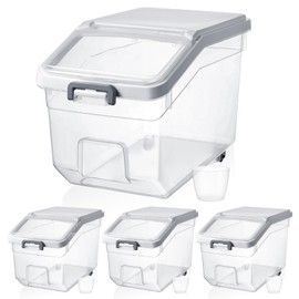 Sunnyray 4 Pcs Rice Storage Container 22 lb Airtight Flour Container with Wheels Measuring Cup Clear Pet Food Cube Dog Cat Birds Food Bin Grain Cereal Organizer Box for Dry Baking Supplies(White Lid)