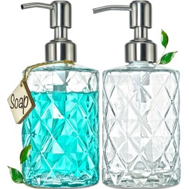 JASAI 2Pack Diamond Embossed Glass Soap Dispenser with 304 Rustproof Stainless Steel Pump, 12 OZ Bathroom Soap Dispenser with A Wooden Tag, Elegant Hand Soap Dispenser for Bathroom & Kitchen