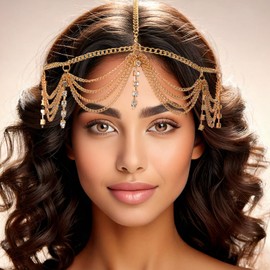 Tyqour Boho Hair Chain Gold Tassel Rhinestone Headpiece Egyptian Head Chain for Women Bride Wedding Head Decorations