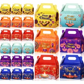 Kolldenn 24 Pcs Happy Diwali Party Favor Gift Boxes, Diwali Treat Boxes Indian Festival of Lights Gifts Gable Boxes Goodie Candy Snack Sugar Chocolate Gift Boxes for Diwali Party Decorations