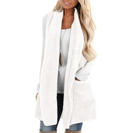 ReachMe Sherpa Vest Womens Sleeveless Faux Fur Vest Fleece Vest with Pockets Open Vest Ladies Long Fuzzy Vest(02 Ivory,M)