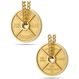 Shields of Strength Men's Stainless Steel or Gold Plated Weight Plate Necklace Philippians 4:13 Bible Verse Fitness Gym Jewelry Weightlifters Dumbbell