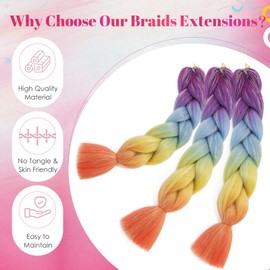 Benehair Rainbow Braiding Hair Extension with Tinsel 1 Bundle 24 Inch Pre Stretched Jumbo Braiding Hair Ombre Colored Braid Glitter Hair Extensions (Purple+Blue+Yellow+Orange)