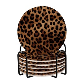 SDMKA Leopard Print 6 Pcs Cotton Woven Coasters with Holder - 3.9 Inch Absorbent Drink Coasters - Ideal Cup Coasters for Coffee Table Protection