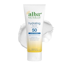 Alba Botanica Loción hidratante facial de protección solar, protección SPF 50 de amplio espectro, hidratación 24 horas, resistente al agua (40 minutos), sin fragancia, sin oxibenzona, 3 onzas líquidas
