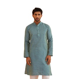 Sojanya (Since 1958, jacquard de seda para hombre, diseño individual Kurta, Azul pavo real y dorado, M