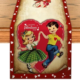 Vintage Happy Valentines Day Table Runner Retro Galentines Day Kitchen Dining Table Centerpiece Wedding Anniversary Red Heart Decor Happy Valentine's Day Decorations for Home-72 Inches Long