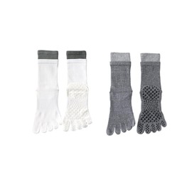 svlftecon Women Yoga Pilates Socks with Grips Non Slip Full Toe Cotton Polyester Spandex for All Seasons Crew Socks Series 11, White, Gray, 2 Pairs, Barrel Height 19, Small