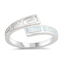 White Simulated Opal Greek Key Filigree Midi Ring .925 Sterling Silver Band Size 5