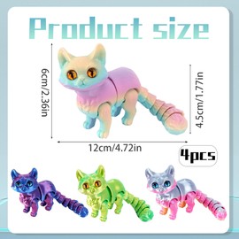 3D Printed Cat, 3D Printed Animals, 4 Pcs Printed Fidget Toys, 3d Printed Animals for Stress Relief, Flexible Animal Fidget Toys, Cute Desk Decor Anxiety Toys For Kids & Office Workers